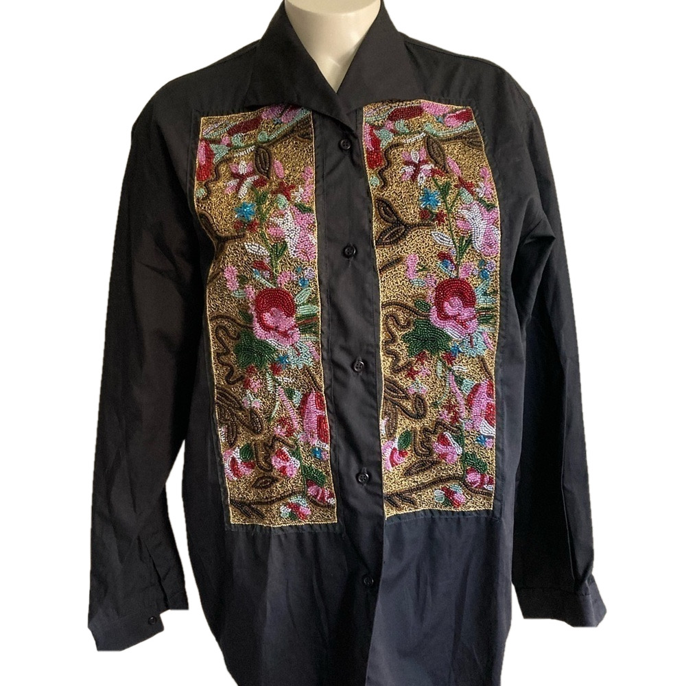 LE GARAGE VTG beaded embroidered front shirt Large France